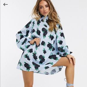 PRETTY LITTLE THING Smock Mini Dress with Puff Sleeves - Blue Floral - US 12 $42